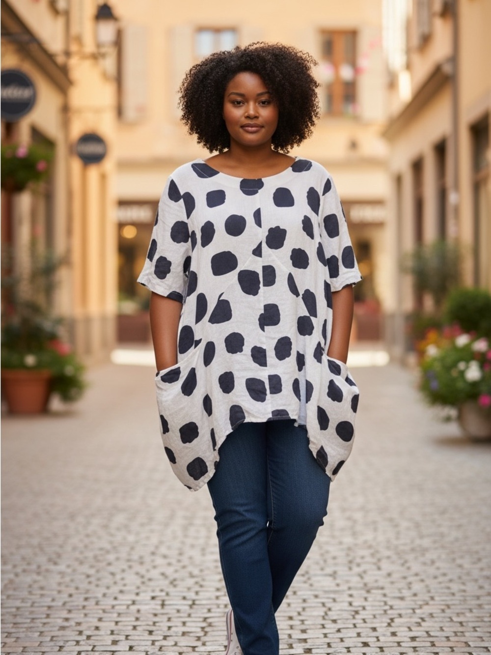 ZUCAR White Linen Polka Dot Tunic Top - Navy Spots size l/xl
